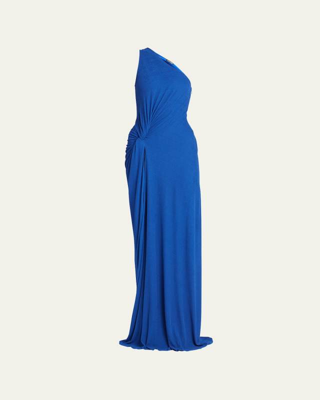 One-Shoulder Ruched Crepe Gown with Slit